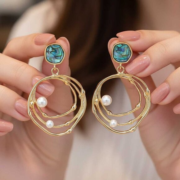 2/$21 Round Faux Abalone Pearl Dangle Earrings - Picture 4 of 11